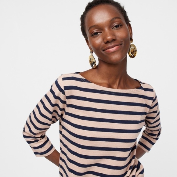 J crew structured boatneck tshirt khaki navy strip - Picture 1 of 7